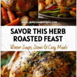 Golden Garlic Herb Roasted Chicken served with roasted vegetables on a festive table