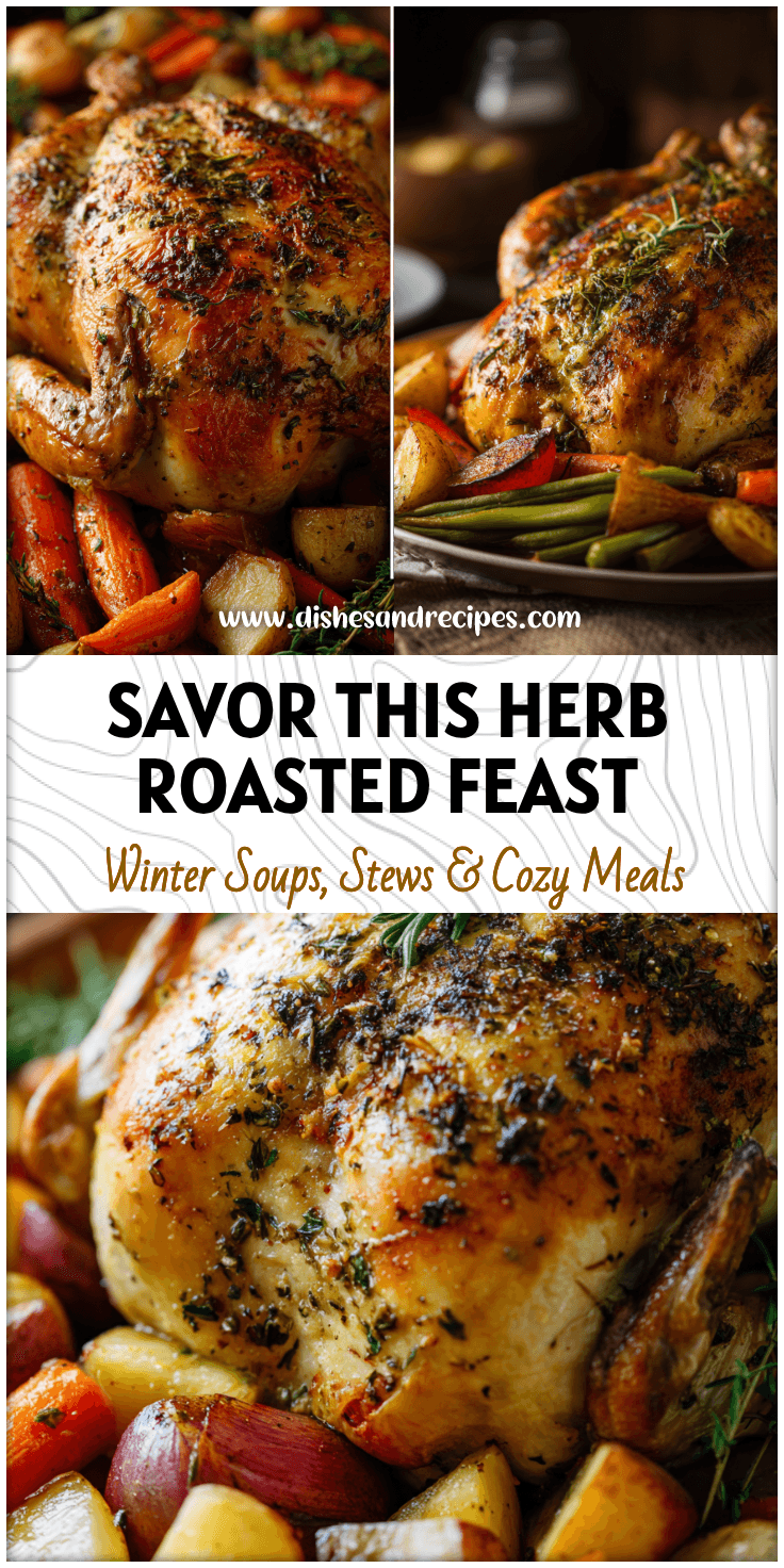 Golden Garlic Herb Roasted Chicken served with roasted vegetables on a festive table