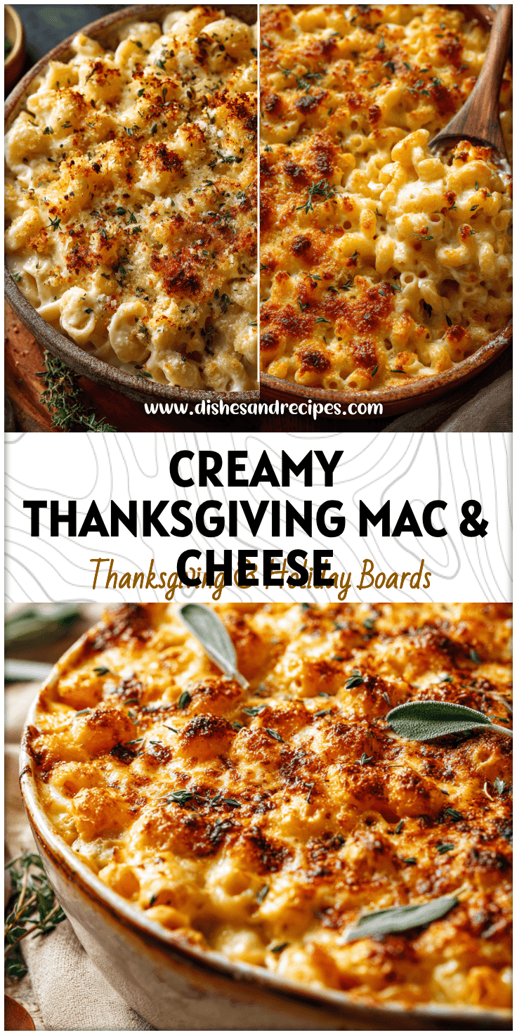 Creamy baked Thanksgiving Mac And Cheese served in a rustic dish with golden crust and herbs.