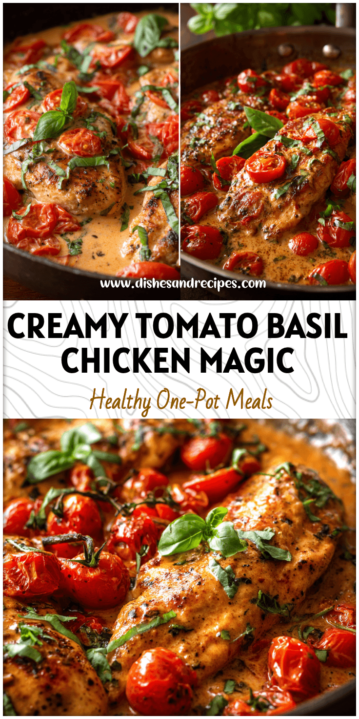 Skillet of Tomato Basil Chicken Breast simmered in creamy balsamic tomato sauce with fresh basil leaves.