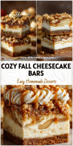 Close-up of Cheesecake Bars with apple crisp topping and swirls of creamy Vanilla Bean Cheesecake filling.