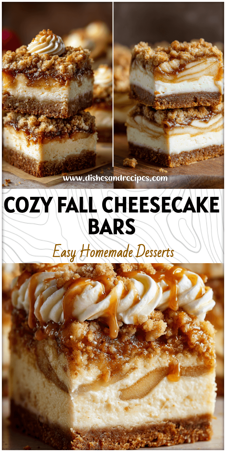 Close-up of Cheesecake Bars with apple crisp topping and swirls of creamy Vanilla Bean Cheesecake filling.