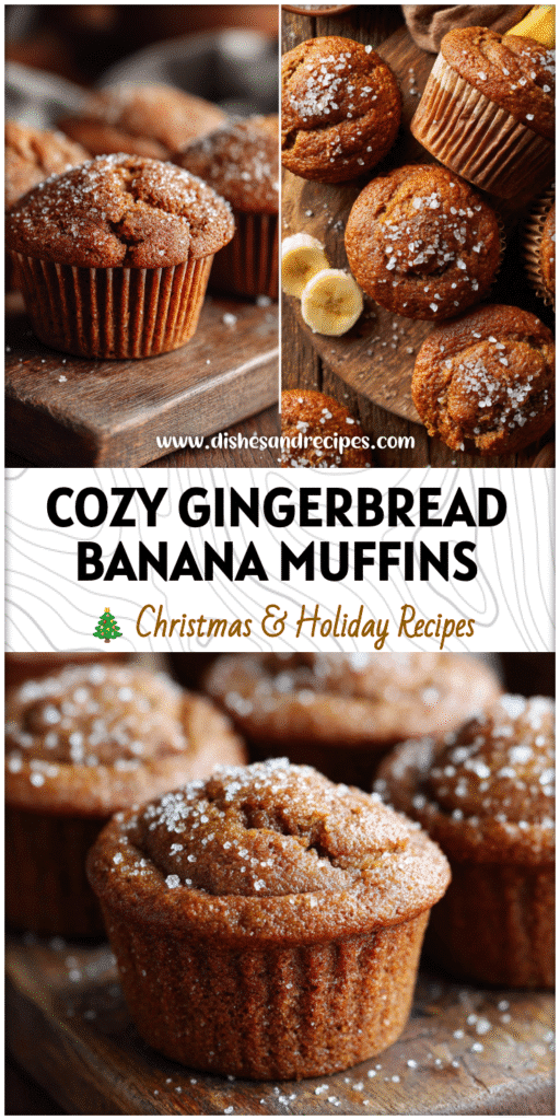 Fresh-baked Gingerbread Banana Muffins topped with crunchy sugar on a rustic wooden table.