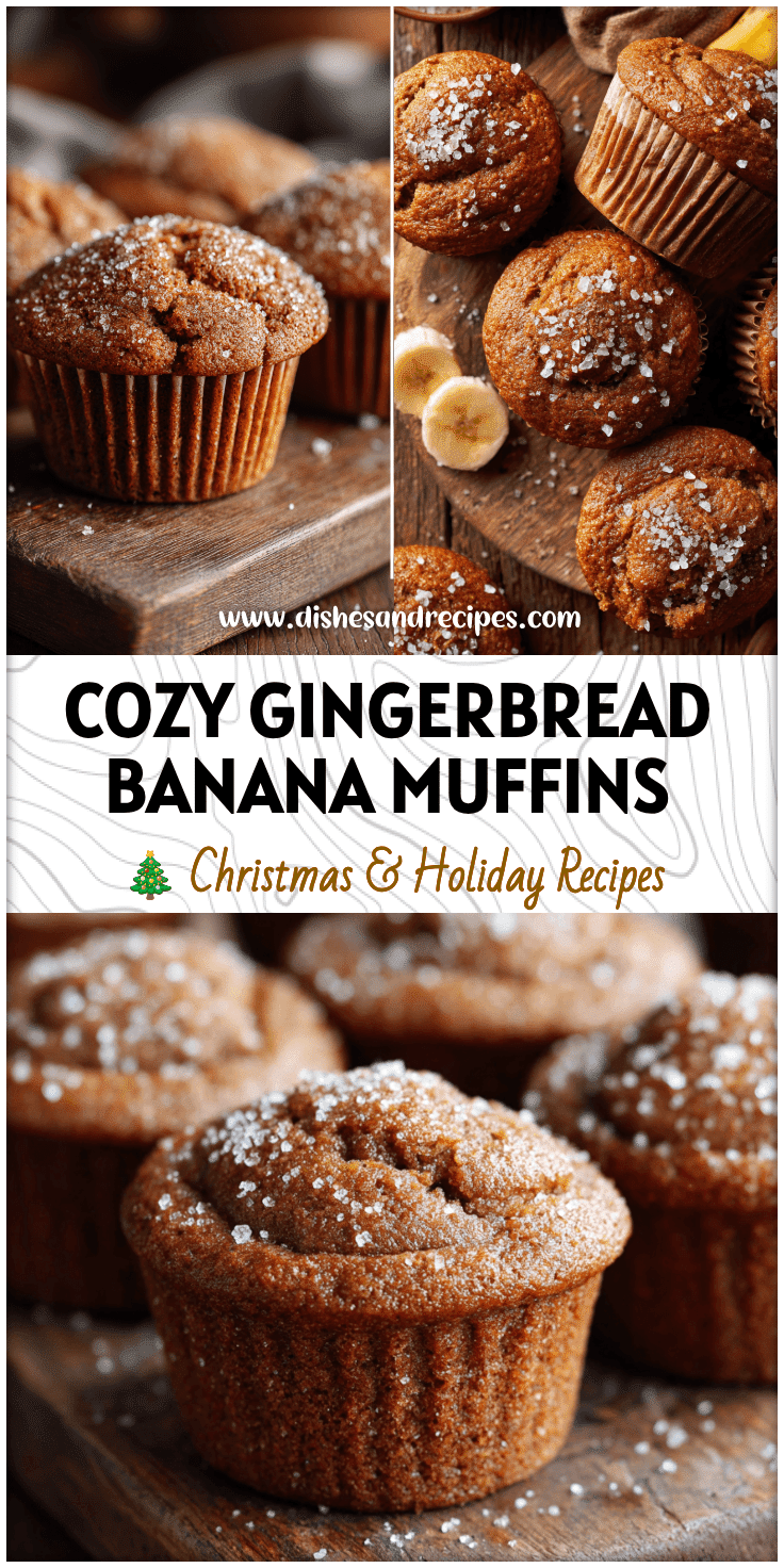 Fresh-baked Gingerbread Banana Muffins topped with crunchy sugar on a rustic wooden table.