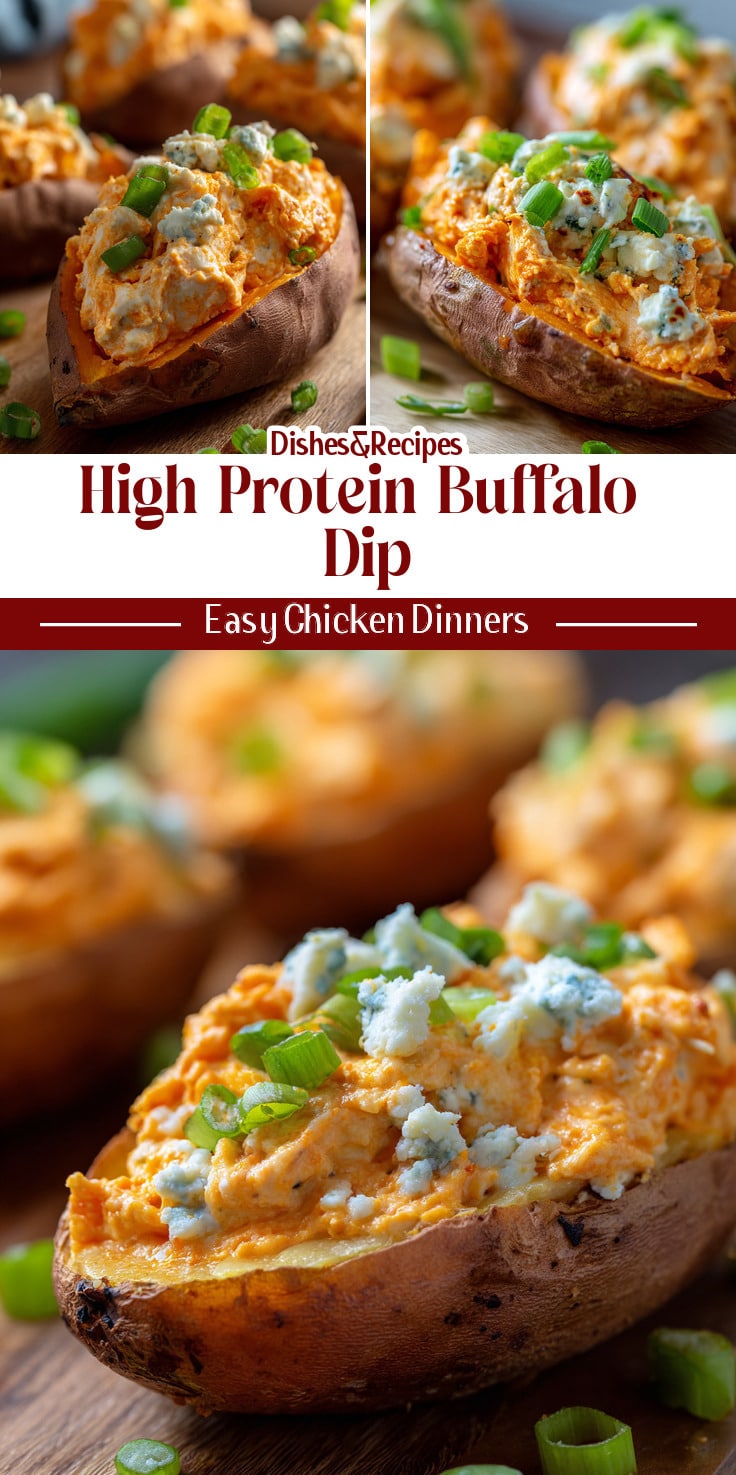 High Protein Buffalo Chicken Dip Stuffed Sweet Potatoes