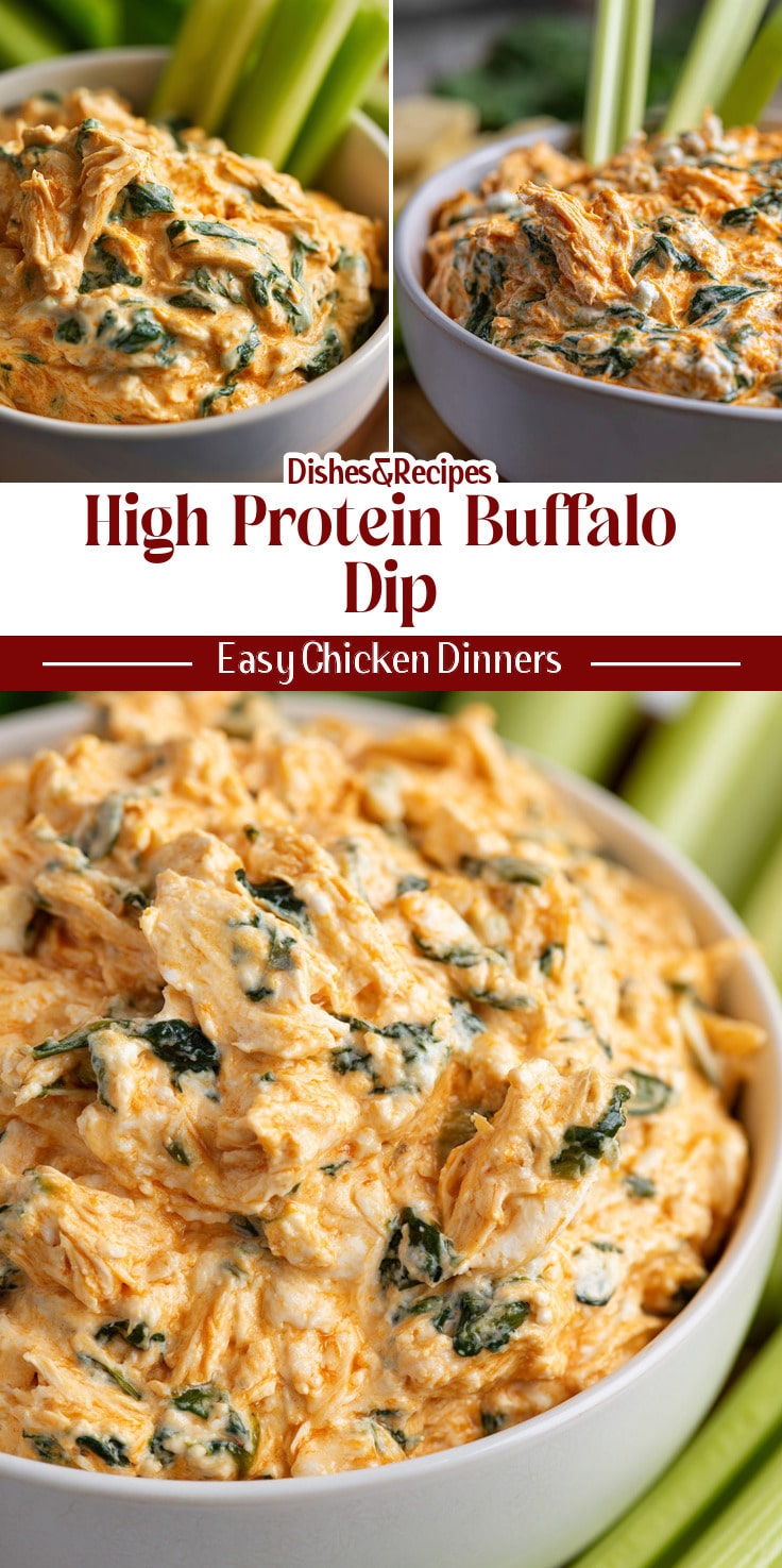 High Protein Buffalo Chicken Dip with Greek Yogurt & Spinach