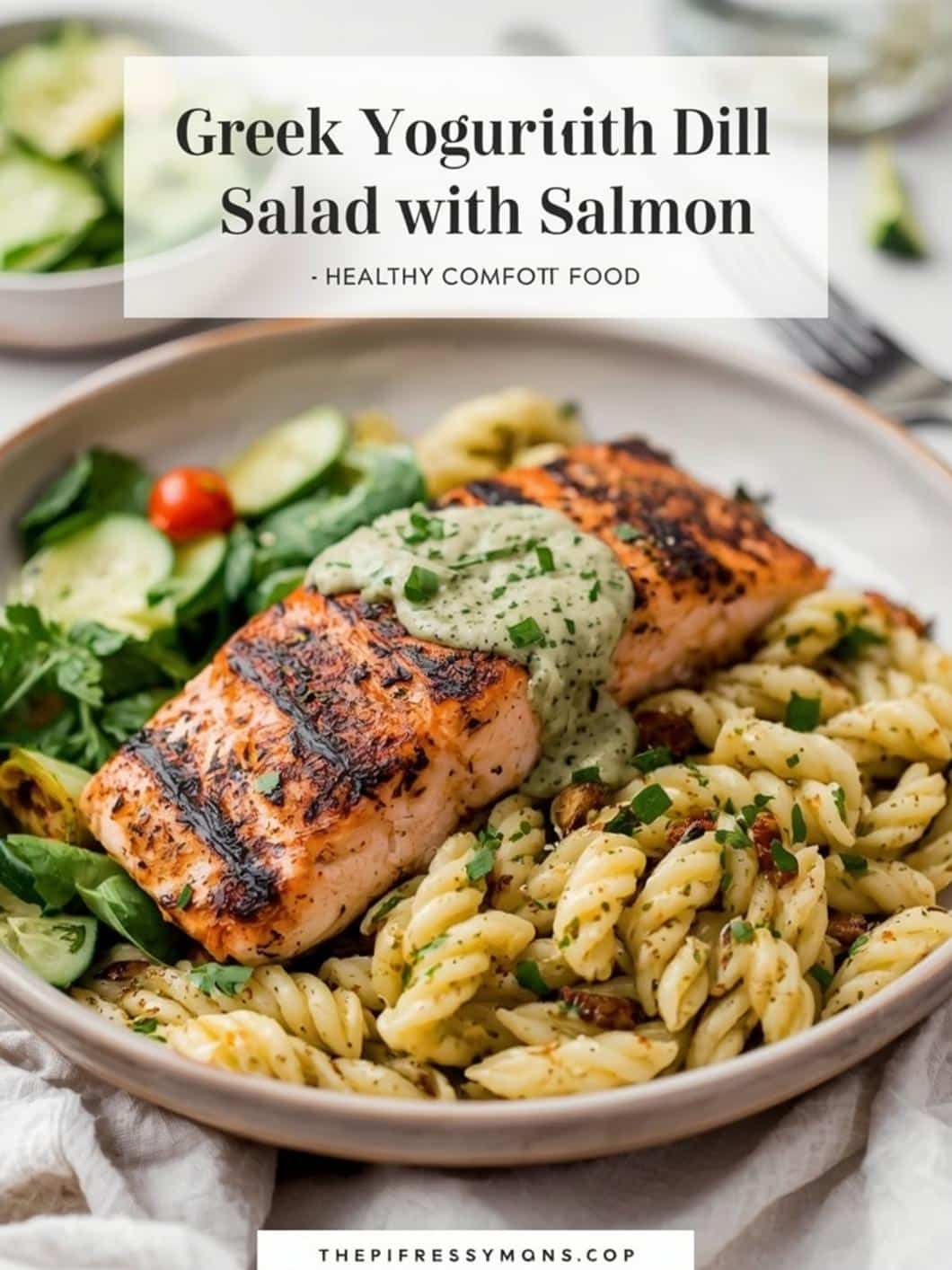 Greek Yogurt Dill Pasta Salad with Salmon (Healthy Comfort Food)