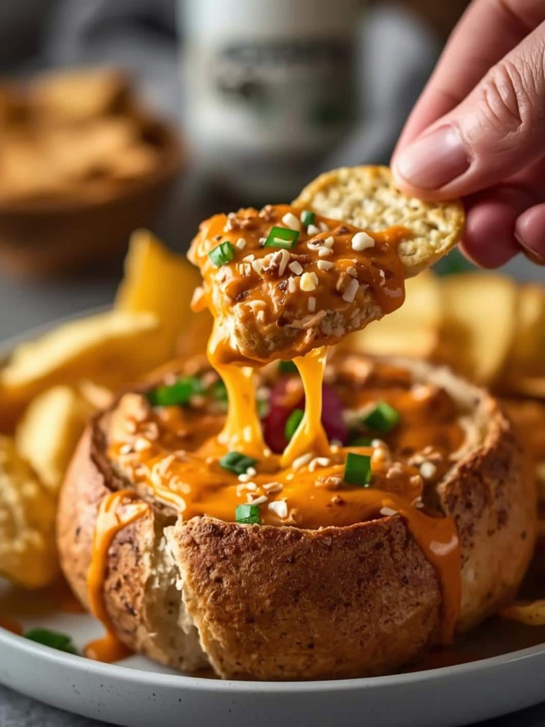 High Protein Buffalo Chicken Dip Baked in a Bread Bowl 11 High Protein Buffalo Chicken Dip Baked in a Bread Bowl