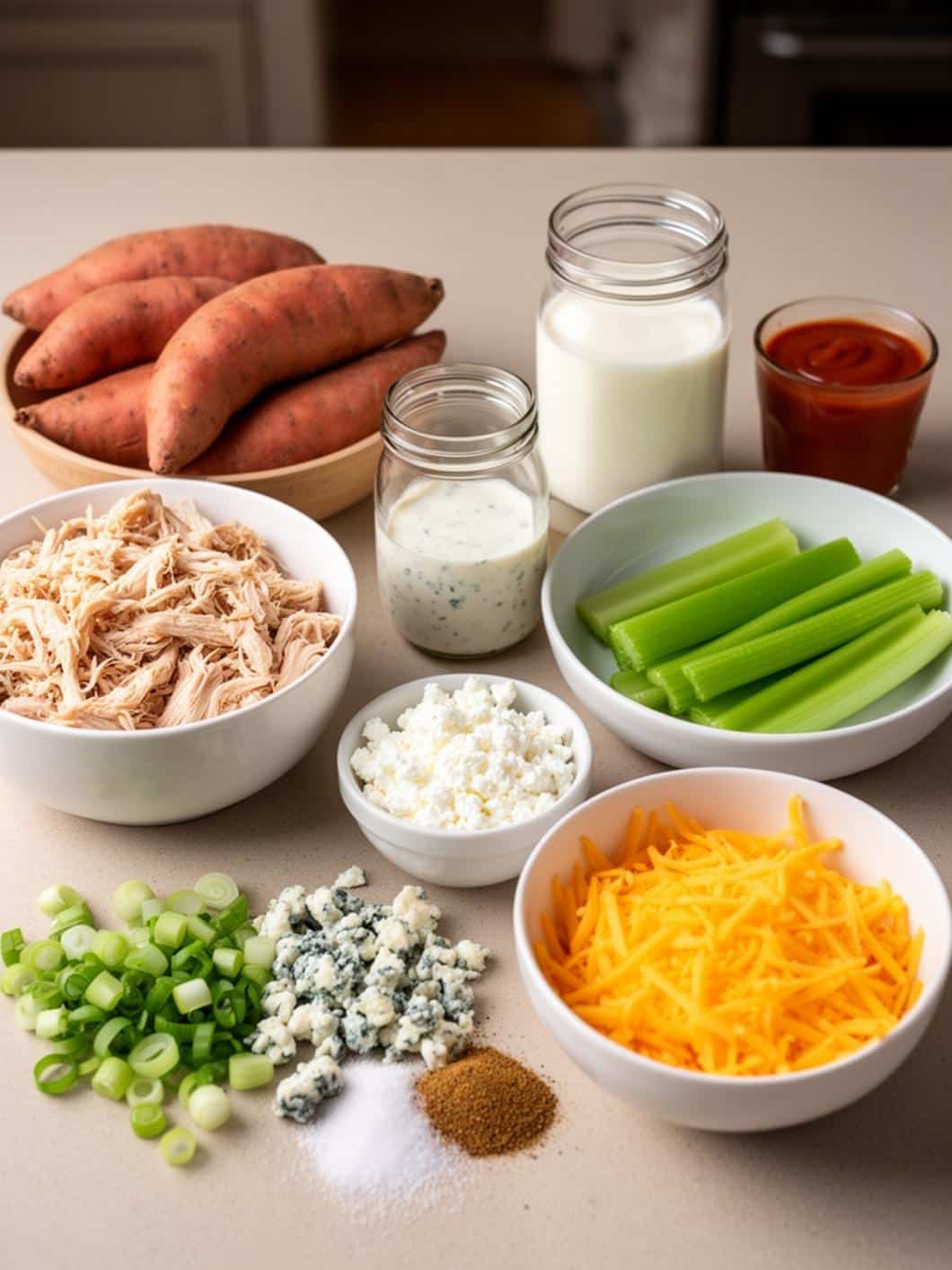 High Protein Buffalo Chicken Dip Stuffed Sweet Potatoes