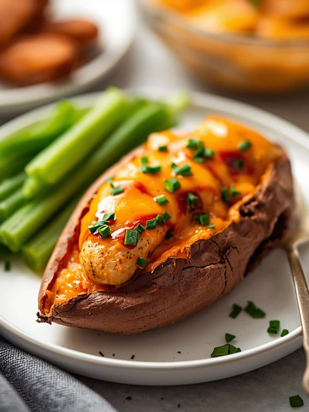 High Protein Buffalo Chicken Dip Stuffed Sweet Potatoes