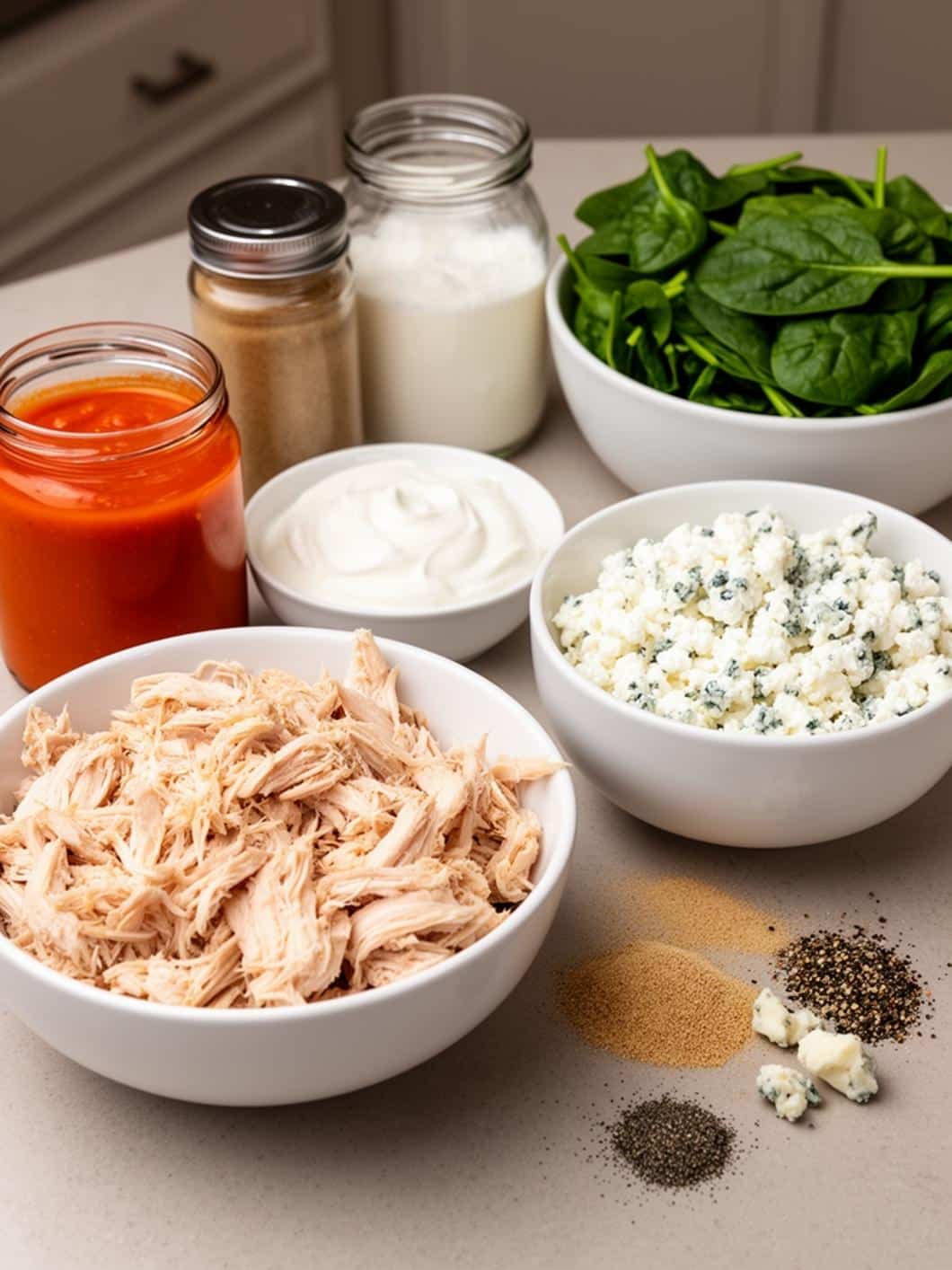 High Protein Buffalo Chicken Dip with Greek Yogurt & Spinach