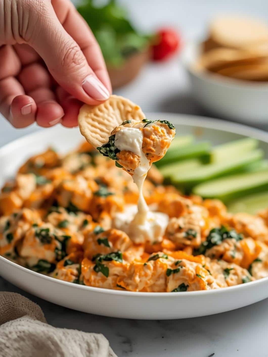 High Protein Buffalo Chicken Dip with Greek Yogurt & Spinach